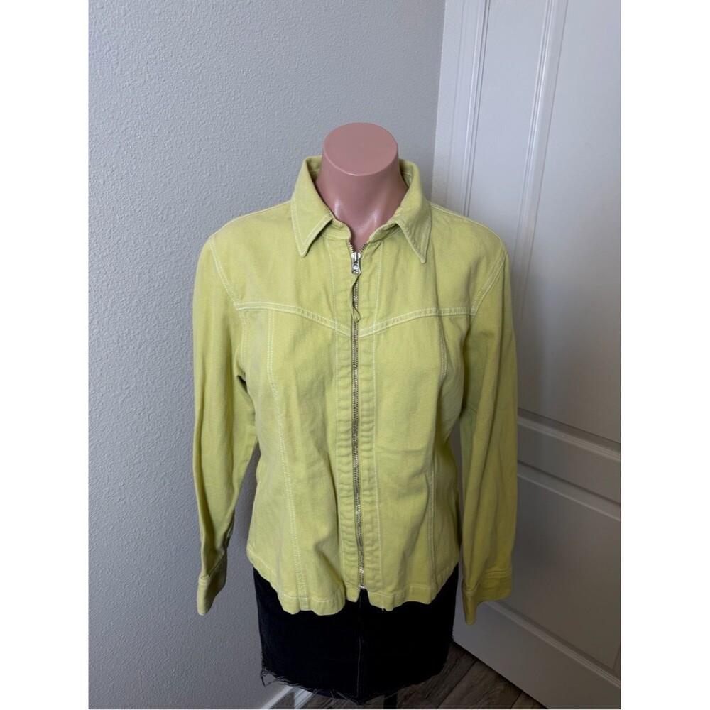 CAbi yellow zip jean jacket featuring contrast stitching Sz M